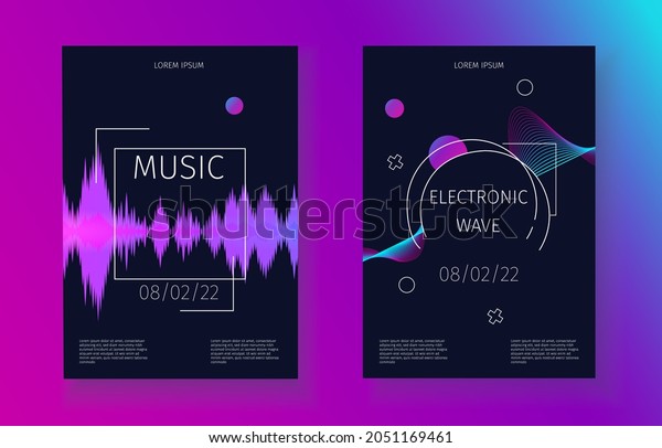 Sound waves
banner. Music soundtrack electronic vibration. Futuristic party
invitation set. Dynamic flowing digital line poster . Club fest
audio bright purple and blue
waveform
