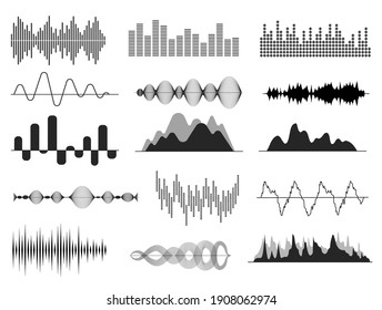 Sound Waves. Music Wave, Audio Frequency Waveform. Radio Voice And Soundtrack Symbols. Soundwave Abstract Signals Isolated Set