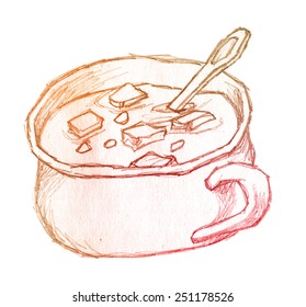 soup and croutons in bowl    raster stylized hand drawing