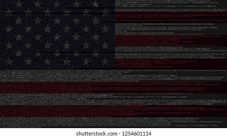 Source code and flag of the United States. American digital technology or programming related 3D rendering