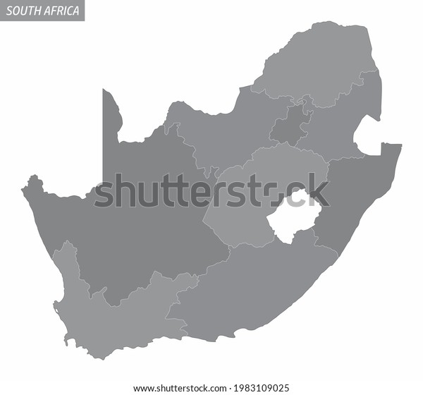 The South Africa administrative map\
divided in grayscale and isolated on white\
background