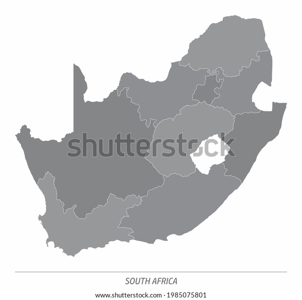 The South Africa administrative map\
divided in grayscale and isolated on white\
background