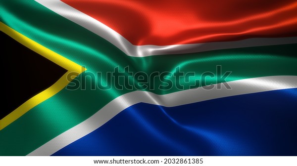 South Africa Flag, South African flag with\
waving folds, close up view, 3D\
rendering