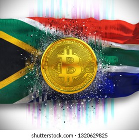 South Africa Flag And Bitcoin Golden With Debris Of Explosion Against Motion Blur Of Background Of Silk Waving Flag With Inscription Bitco Traffic As Glitches TV Effect Crypto Mining 3d Render