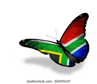 South Africa Flag Butterfly Flying, Isolated On White Background