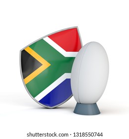 South Africa Rugby Shield Flag Icon With Rugby Ball. 3D Render