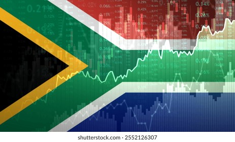 South Africa Stock Market Growth and Financial Data Visualization. Financial stock market chart overlay with flag.