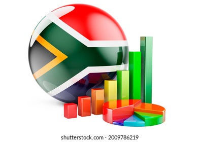 South African Flag With Growth Bar Graph And Pie Chart. Business, Finance, Economic Statistics In South Africa Concept. 3D Rendering Isolated On White Background