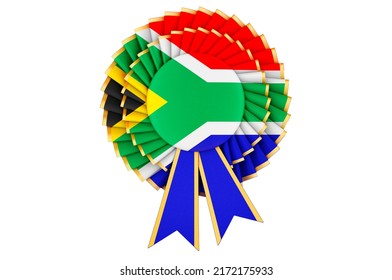 South African Flag Painted On The Award Ribbon Rosette. 3D Rendering Isolated On White Background