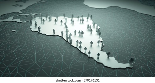 South America. 3D illustration of people on the map, representing the country's demography.