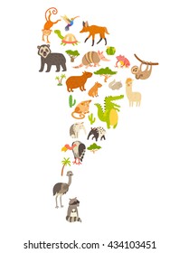 South America Animals Map. South American Mammal Map Silhouettes. Isolated On White Background Illustration. Crocodile, Raccoon, Hedgehog And Muskrat Cartoon Style. Colorful Cartoon Illustration.