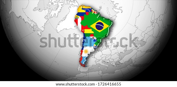 Bandera De Sudamérica Continente Mapa Mundial E Ilustración De Fondo Negro 3d 5463