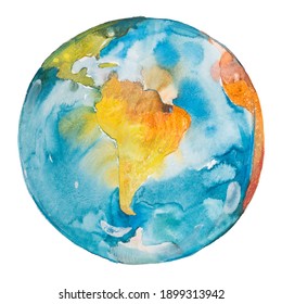 South America on the globe. Earth planet. Watercolor