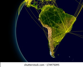 South America viewed from space with connections representing main air traffic routes. Elements of this image furnished by NASA.