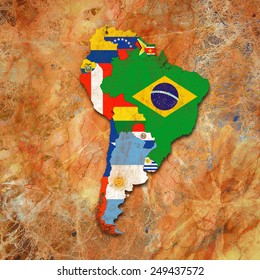 South America,continent, Flags, Map And Wall Background