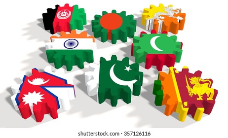 South Asian Association For Regional Cooperation Association Of Eight National Economies Members Flags On Cog Wheels. White Backdrop