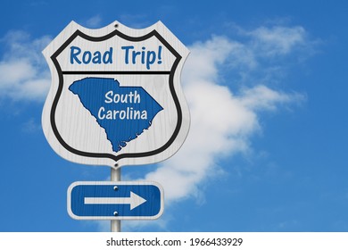 South Carolina Road Trip Highway Sign, South Carolina Map And Text Road Trip On A Highway Sign With Sky Background 3D Illustration