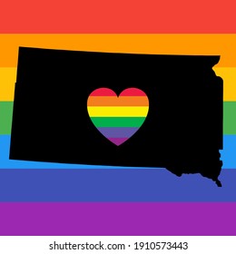 South Dakota State Icon With Rainbow Pride Flag Background And Rainbow Heart.