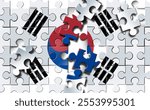 South Korea Crisis and Korean Political Chaos and turmoil in Seoul symbol of security challenges and democracy as a broken puzzle in a 3D illustration style.