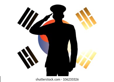 The South Korea Flag And The Silhouette Of A Soldier's Military Salute