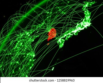 South Korea On Model Of Green Planet Earth With International Networks. Concept Of Green Communication And Technology. 3D Illustration. Elements Of This Image Furnished By NASA.