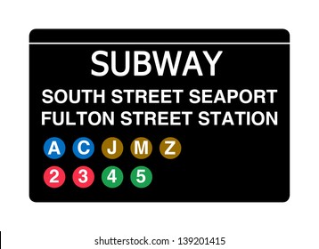 South Street Seaport Fulton Street Station Subway Sign Isolated On White, New York City, U.S.A.