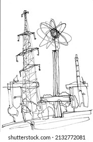 South Ukrainian Nuclear Power Plant Sketch. Hand Drawn Marker On The White Paper Background. Raster Bitmap Image
