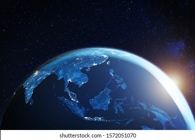 Southeast Asia From Space At Night With City Lights Showing South East Asian Cities In Thailand, Vietnam, Malaysia, Singapore And Indonesia, 3d Rendering Of Planet Earth, Elements From NASA