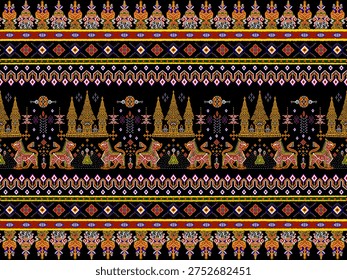 Southeast Asian pattern, Classical Thai art Lion guarding the castle detail. art,  folk, geometric, folkloric, wrapping, detail, repeating, mythology, myth, cultue, fabric print, myth, mystical, abstract, creative