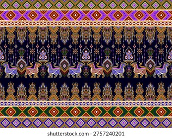 Southeast Asian pattern, Classical Thai art, Fire worshipping lion detail. Drew this by myself it's not AI generated.  art,  folk, geometric, folkloric, wrapping, detail, repeating, mythology, myth, cultue, fabric print, myth, mystical, abstract, creative, illustration, animals, wildlife