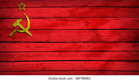 Soviet Union Flag Painted On Wooden Boards. Grunge Style