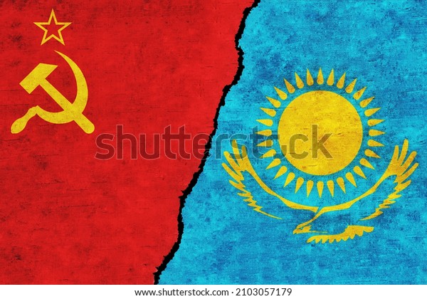 Soviet Union and Kazakhstan painted flags on a\
wall with a crack. Soviet Union and Kazakhstan relations.\
Kazakhstan and Soviet Union flags\
together