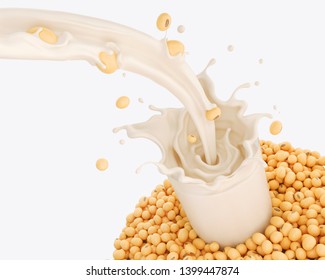 Soy milk pouring into glass with soy beans background, 3d rendering.