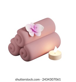 Spa, 3d icon. Spa relaxation treatments. Towels, candle and flower. 3D object on a white background - Powered by Shutterstock