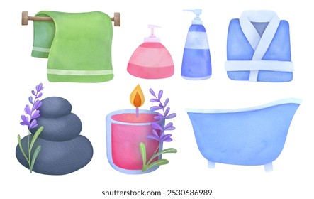 spa accessories set with terry bathrobe, lavender, candles, stones, bathroom, towel, soap, combs. Bathroom and personal hygiene items. watercolor illustration isolated on white, clip art cut out - Powered by Shutterstock