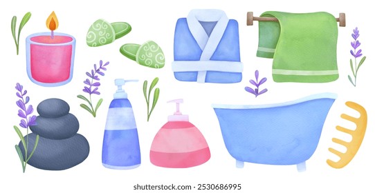 spa accessories set with terry bathrobe, slippers, lavender, candles, stones, bathroom, towel, soap, combs. Bathroom and personal hygiene items. watercolor illustration isolated, clip art cut out - Powered by Shutterstock