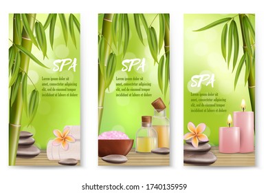 Spa banner template set. Realistic bamboo stalks with leaves, salt, stones, massage oil, aroma candles and flowers. Spa beauty wellness invitation flyer or advertising poster. - Powered by Shutterstock