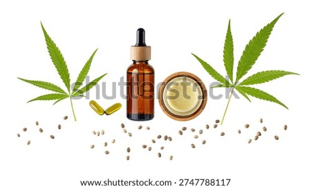 Spa composition with CBD oil bottle, cannabis balm salve jar, hemp leaves and seeds isolated on white background. Balm for joints and muscles and relaxing oil as complex in the treatment. Hemp products