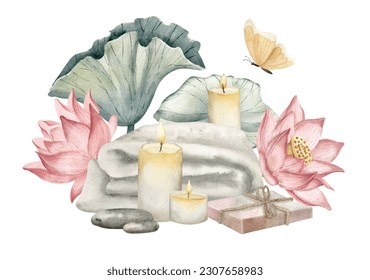 Spa cosmetics with Lotus Flowers, towel and candles. Hand drawn watercolor illustration of bodycary products and pink water lily on white isolated background. Drawing of toiletries for skin care salon - Powered by Shutterstock