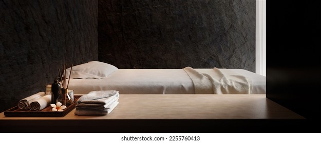 Spa and massage bed with dark stone wall background.3d rendering - Powered by Shutterstock