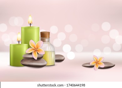 Spa poster design template with realistic aroma candles, oil bottle, stones, flowers and copy space. Wellness and spa salon services concept. - Powered by Shutterstock