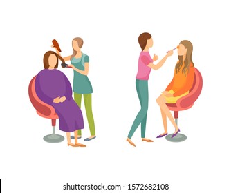 Spa salon hair styling and stylists working with clients. Isolated icons set raster treatment, making new haircuts and hairstyles of ladies in chairs - Powered by Shutterstock