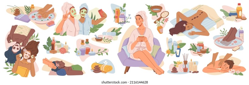 Spa salon rest and relaxation for female friends. in flat style, girls with towels on head with facial masks for beauty taking selfie. Drinking warm calming tea, massage aromatherapy procedure - Powered by Shutterstock