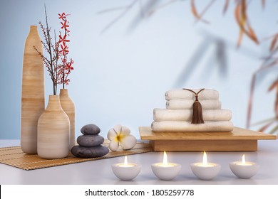 Spa set with massage zen stones, candles light and flowers, Concept  for skincare treatment wellness ,Boutique Spa Retreat and aroma therapy in natural relaxation, tranquil atmosphere, 3D rendering. - Powered by Shutterstock