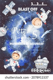 Space Adventure With Lunar Rover, Little Astronaut, Satellite Space Premade Card Watercolor Birthday Invitation 