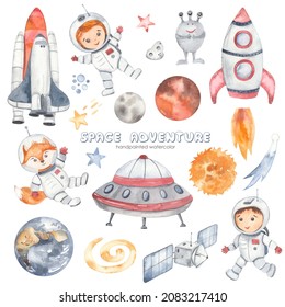 Space adventure with planets of the solar system, little astronauts, rocket, flying saucer, alien, shuttle, earth, stars Watercolor set 