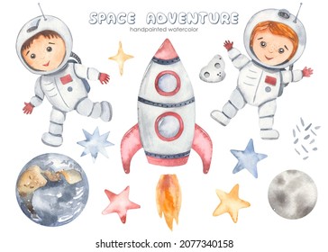 Space adventure with rocket, young astronauts, boy, girl, stars, planet earth, moon, meteorite Watercolor set 