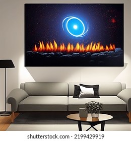 Space Age Living Room With Fire And Art