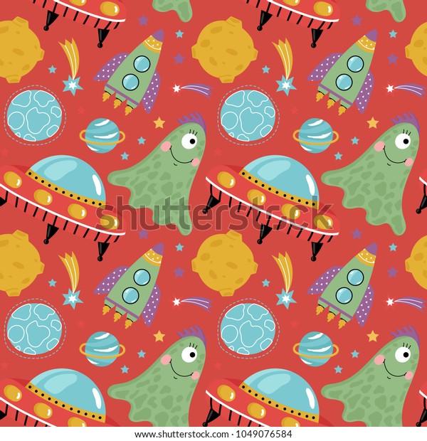 Space aliens funny cartoon seamless pattern. Cute\
one eye jelly creature, flying saucer, spaceship, stars, planets,\
comets, moon illustrations on red background. For wrapper, greeting\
cards