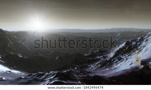Space background, alien fantasy landscape with\
rocks and craters, orange planet empty surface, cloudy sky and\
falling comet, 3d\
render